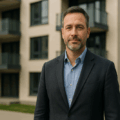 Visale avis : bailleur debout devant un immeuble moderne