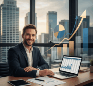 Salaire moyen d'un marchand de biens, illustré par un homme souriant devant des graphiques de rentabilité et un ordinateur portable, symbolisant la réussite financière dans l'immobilier.